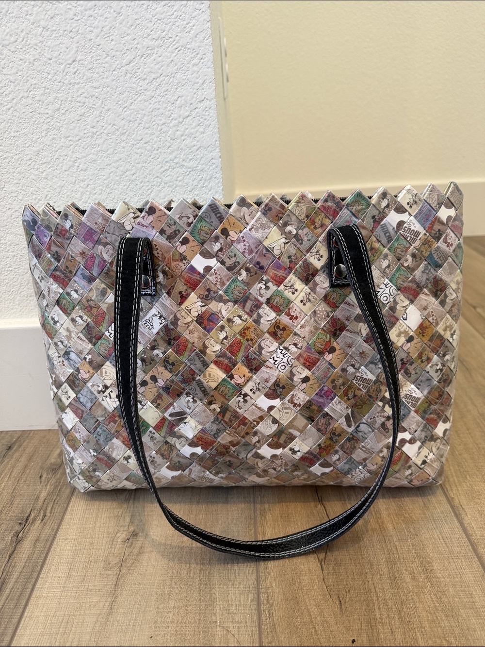 Nahui Ollin Handcrafted Recycled Disney Mickey Mouse Woven Large Tote